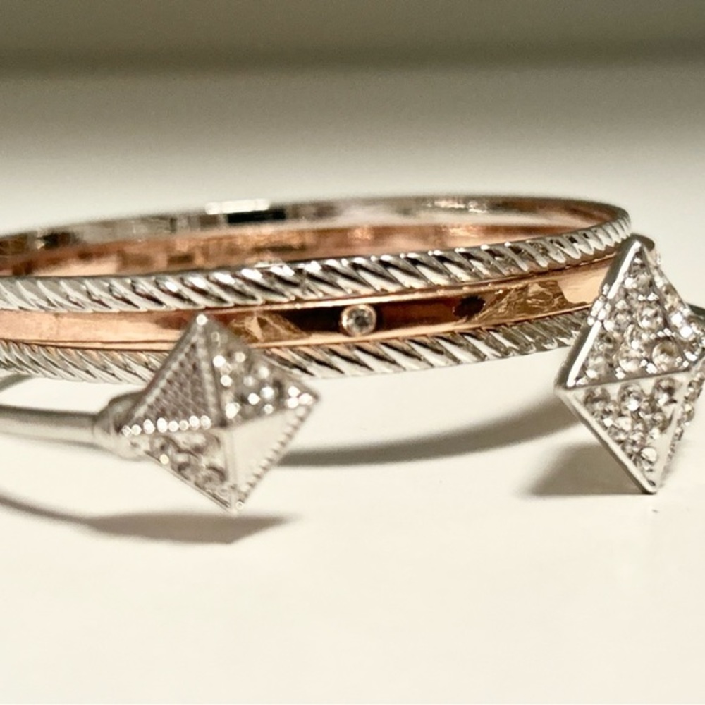 Charm Open Bangle Set in Silver and Rose Gold Tones